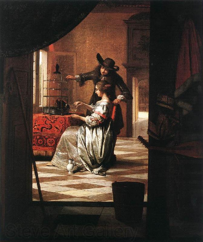 HOOCH, Pieter de Couple with Parrot sg Norge oil painting art